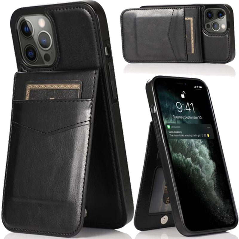 For Apple iPhone 14 PRO 6.1" Luxury Vertical Magnetic Button Card ID Holder PU Leather Case Cover - Black