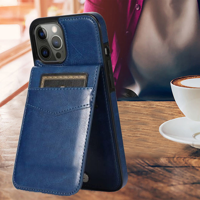 For iPhone 12 Pro Max 6.7 Luxury Vertical Magnetic Button Card ID Holder PU Leather Case Cover - Dark Blue