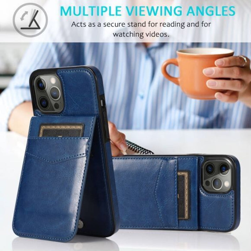 For iPhone 12/Pro (6.1 Only) Luxury Vertical Magnetic Button Card ID Holder PU Leather Case Cover - Dark Blue