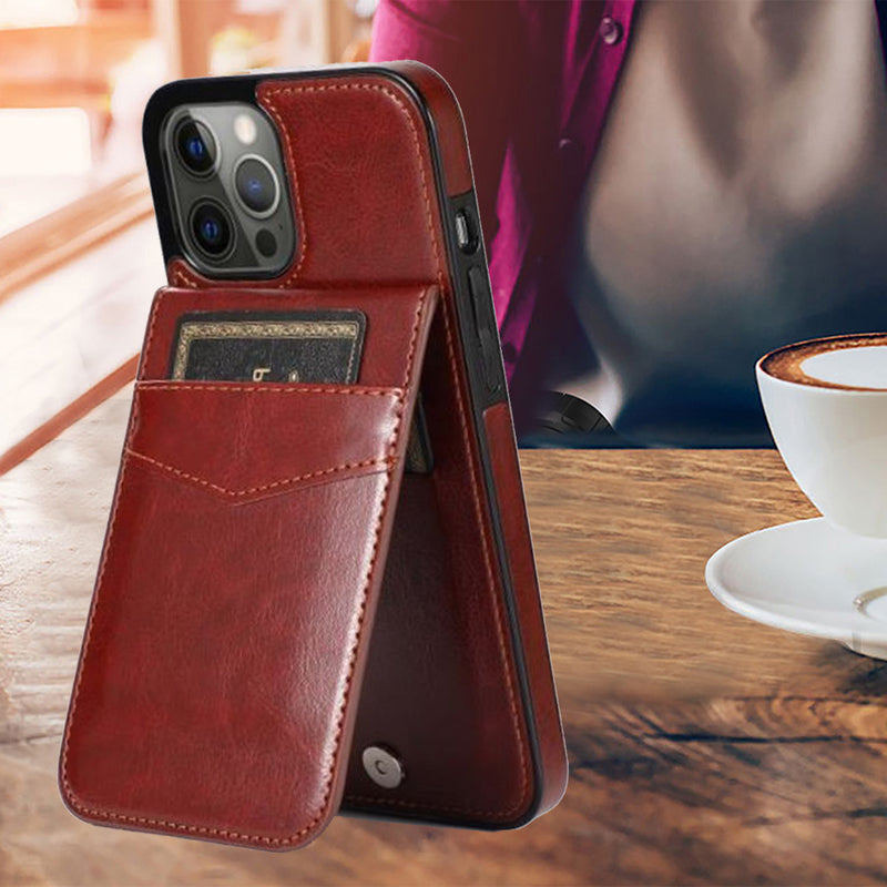 For Apple iPhone 14 PRO 6.1" Luxury Vertical Magnetic Button Card ID Holder PU Leather Case Cover - Brown
