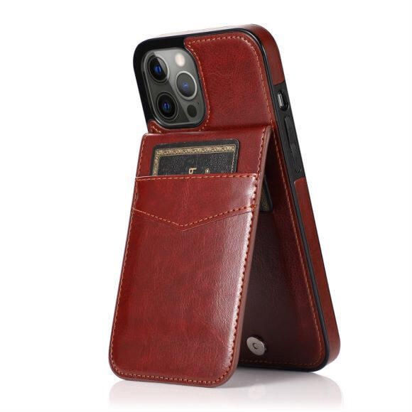 For Apple iPhone 8 Plus/7 Plus Luxury Vertical Magnetic Button Card ID Holder PU Leather Case Cover - Brown