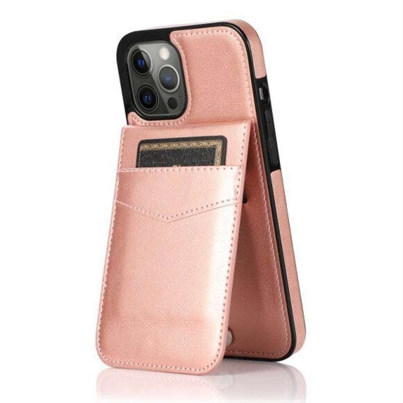 For iPhone 12/Pro (6.1 Only) Luxury Vertical Magnetic Button Card ID Holder PU Leather Case Cover - Rose Gold