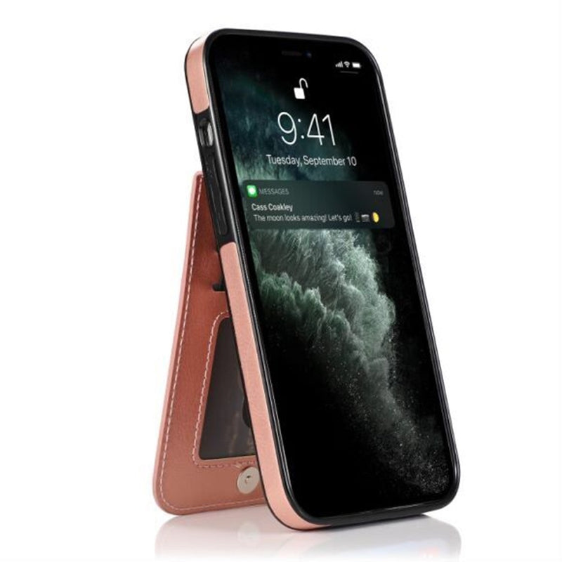 For iPhone 12/Pro (6.1 Only) Luxury Vertical Magnetic Button Card ID Holder PU Leather Case Cover - Rose Gold