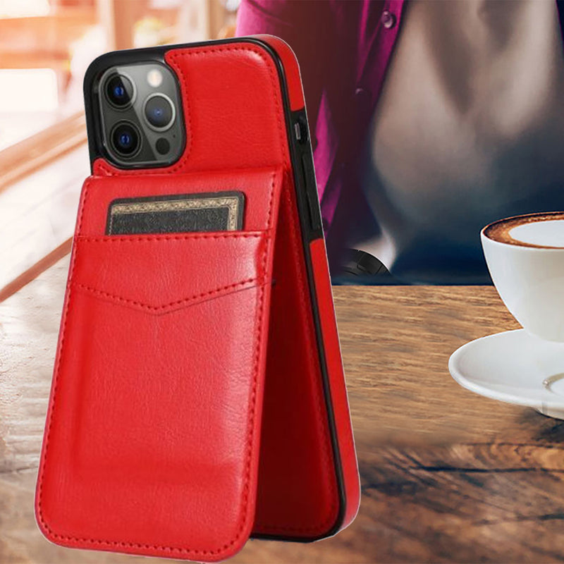 For iPhone 12 Pro Max 6.7 Luxury Vertical Magnetic Button Card ID Holder PU Leather Case Cover - Red