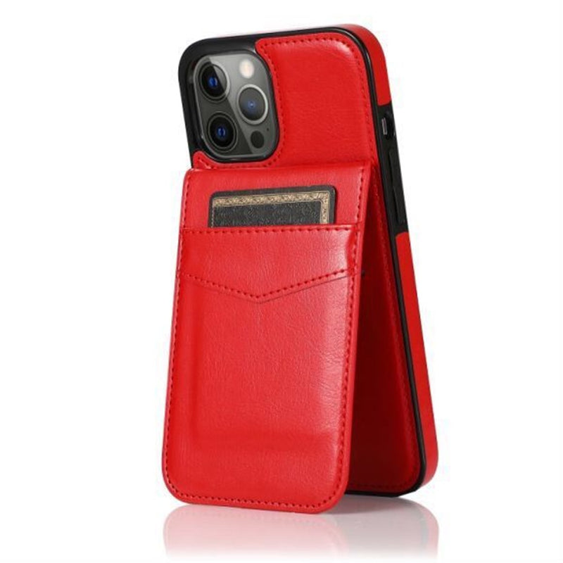 For Apple iPhone 14 PRO MAX 6.7" Luxury Vertical Magnetic Button Card ID Holder PU Leather Case Cover - Red