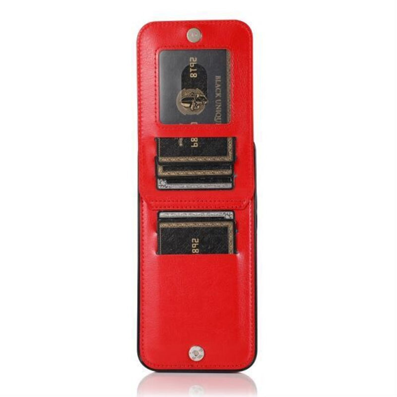For Apple iPhone 14 PRO 6.1" Luxury Vertical Magnetic Button Card ID Holder PU Leather Case Cover - Red
