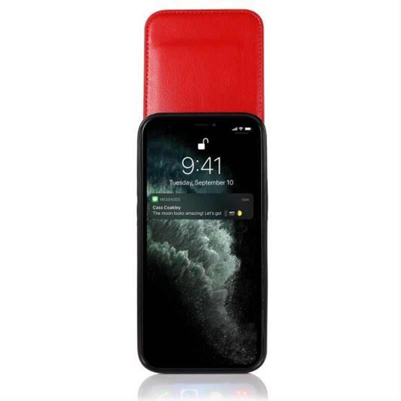 For iPhone 12/Pro (6.1 Only) Luxury Vertical Magnetic Button Card ID Holder PU Leather Case Cover - Red
