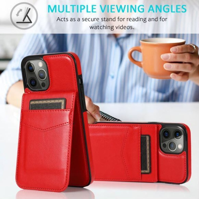 For Apple iPhone 14 PRO 6.1" Luxury Vertical Magnetic Button Card ID Holder PU Leather Case Cover - Red