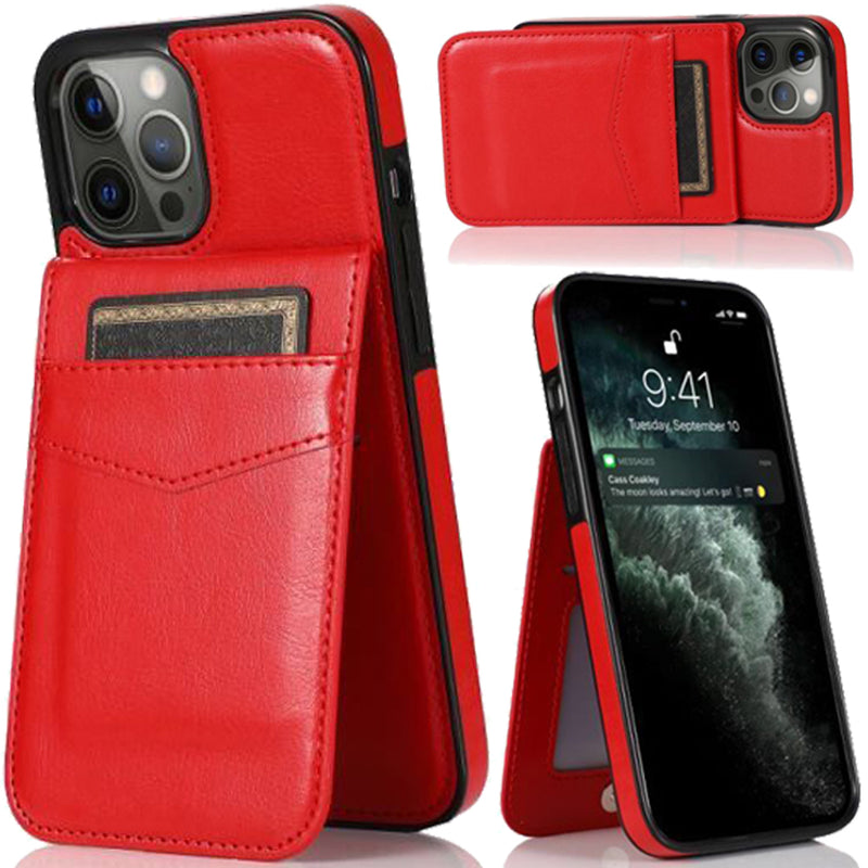 For iPhone 12/Pro (6.1 Only) Luxury Vertical Magnetic Button Card ID Holder PU Leather Case Cover - Red