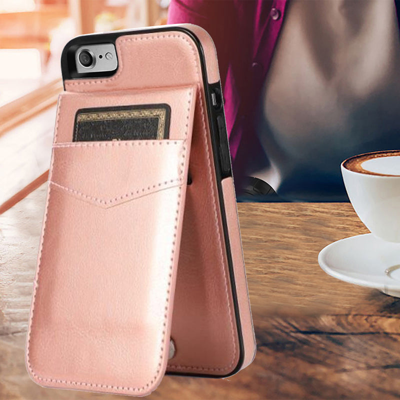 For Apple iPhone SE2 (2020) 8/7/6/6s Luxury Vertical Magnetic Button Card ID Holder PU Leather Case Cover - Rose Gold