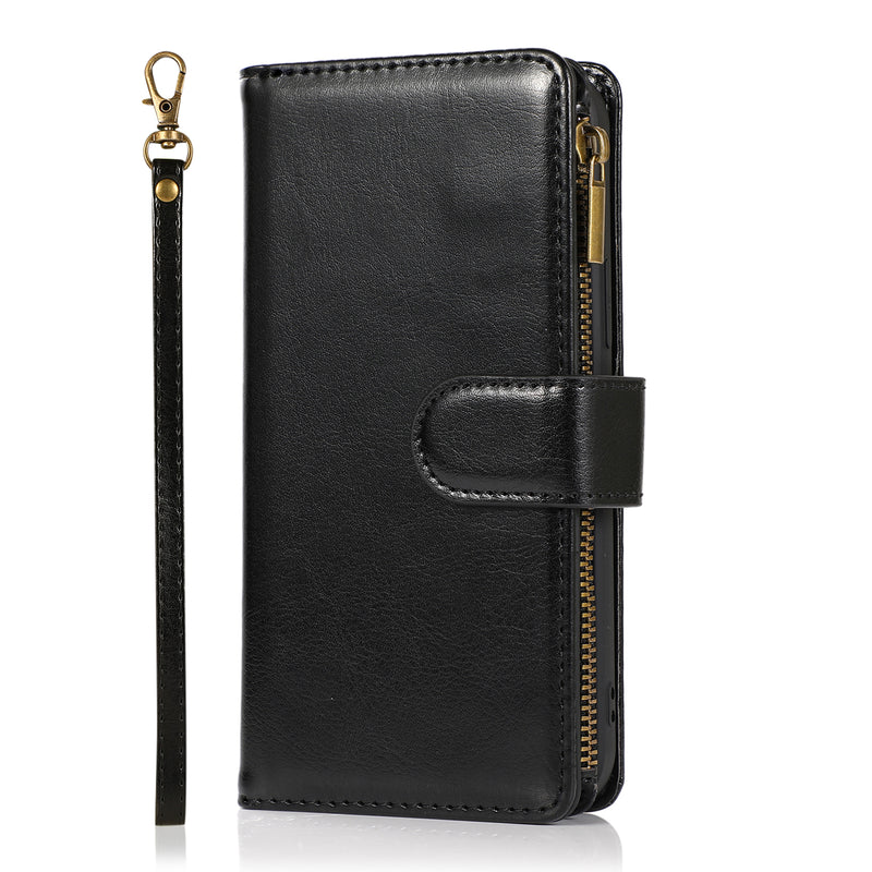 For Moto G Stylus 2021 Luxury Wallet Card ID Zipper Money Holder Case Cover - Black