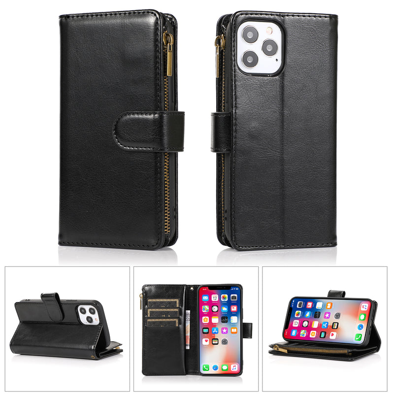 For Apple iPhone 14 PRO 6.1" Luxury Wallet Card ID Zipper Money Holder Case Cover - Black