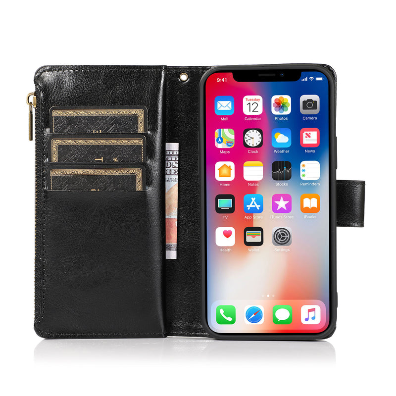 For iPhone 14 PLUS Luxury Wallet Card ID Zipper Money Holder Case Cover - Black