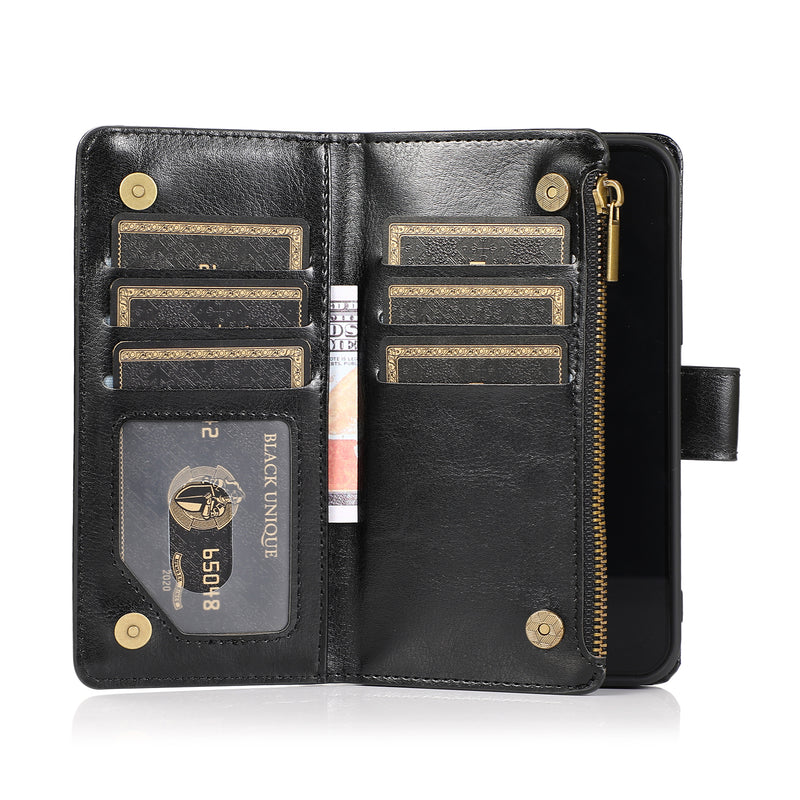For Moto G Stylus 2021 Luxury Wallet Card ID Zipper Money Holder Case Cover - Black