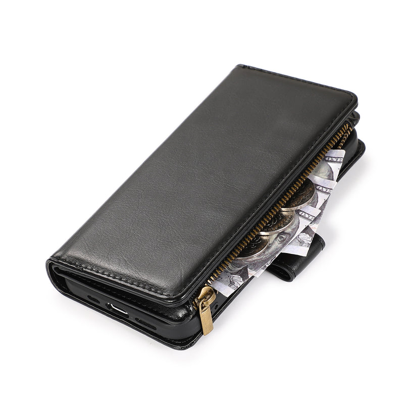 For iPhone 14 PLUS Luxury Wallet Card ID Zipper Money Holder Case Cover - Black