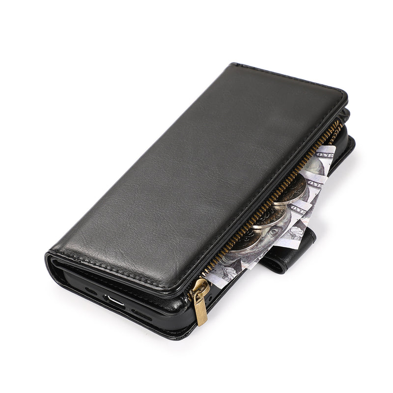 For Apple iPhone 14 PRO 6.1" Luxury Wallet Card ID Zipper Money Holder Case Cover - Black
