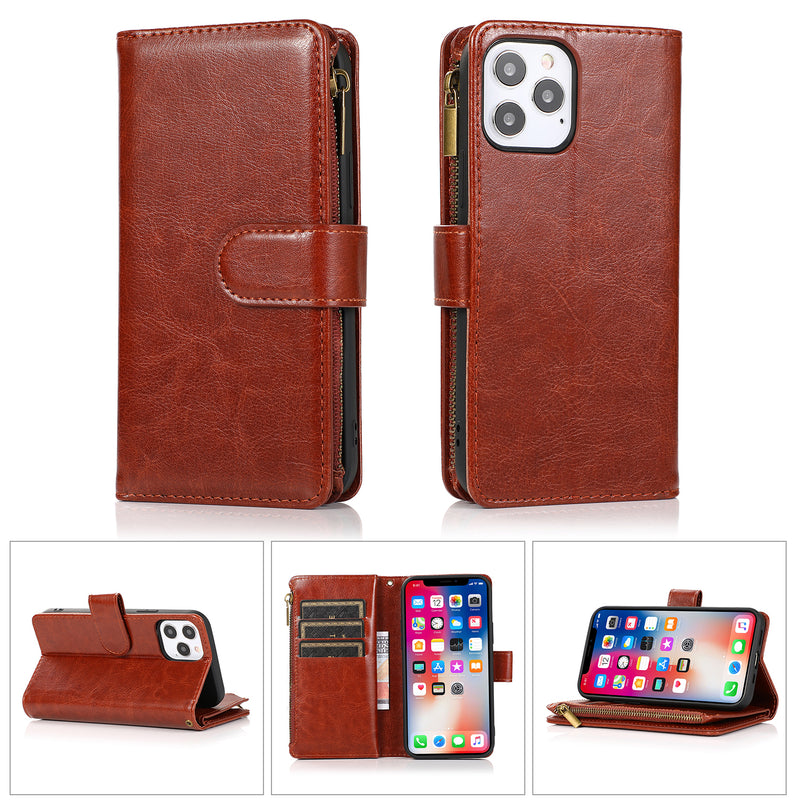 For Apple iPhone 14 PRO 6.1" Luxury Wallet Card ID Zipper Money Holder Case Cover - Brown