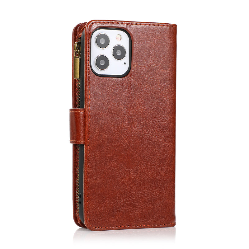 For iPhone 14 PLUS Luxury Wallet Card ID Zipper Money Holder Case Cover - Brown