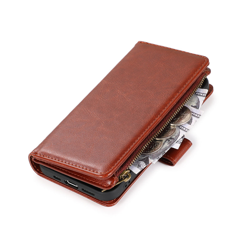 For Apple iPhone 14 PRO 6.1" Luxury Wallet Card ID Zipper Money Holder Case Cover - Brown
