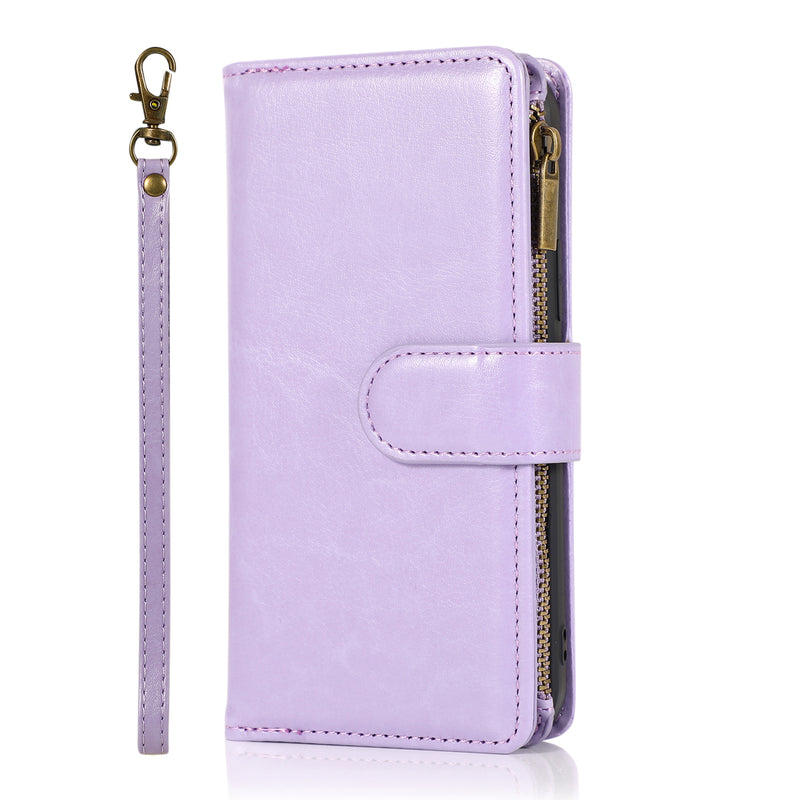 For Apple iPhone 14 PRO 6.1" Luxury Wallet Card ID Zipper Money Holder Case Cover - Lavender