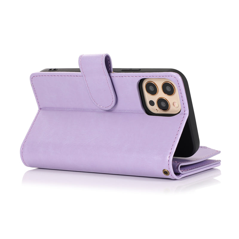 For Apple iPhone 14 PRO 6.1" Luxury Wallet Card ID Zipper Money Holder Case Cover - Lavender