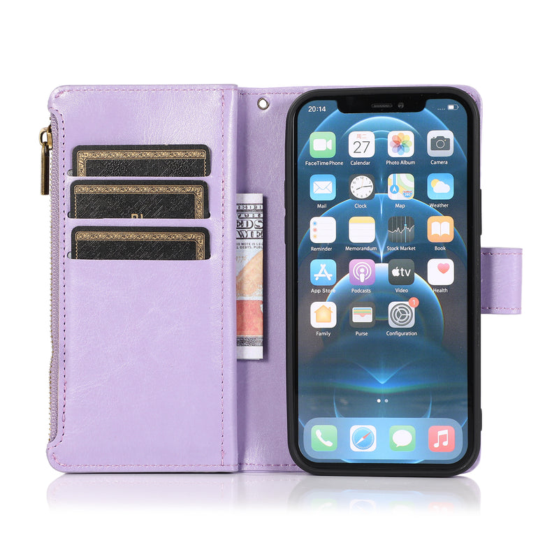 For Apple iPhone 14 PRO MAX 6.7" Luxury Wallet Card ID Zipper Money Holder Case Cover - Lavender