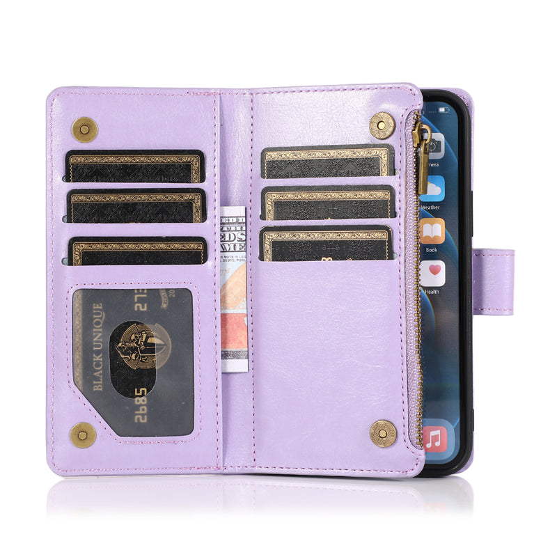 For Apple iPhone 14 PRO MAX 6.7" Luxury Wallet Card ID Zipper Money Holder Case Cover - Lavender