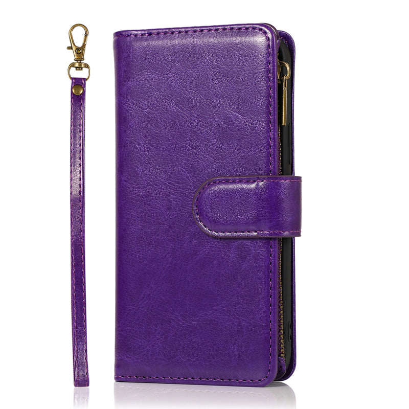 For iPhone 14 PLUS Luxury Wallet Card ID Zipper Money Holder Case Cover - Dark Purple