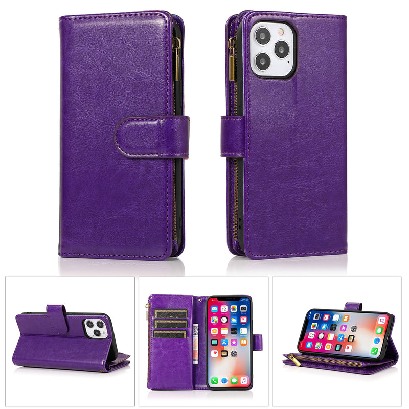 For iPhone 14 PLUS Luxury Wallet Card ID Zipper Money Holder Case Cover - Dark Purple