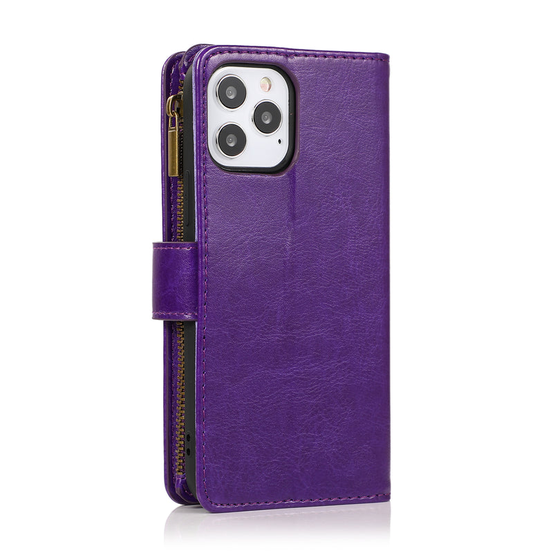 For iPhone 14 PLUS Luxury Wallet Card ID Zipper Money Holder Case Cover - Dark Purple