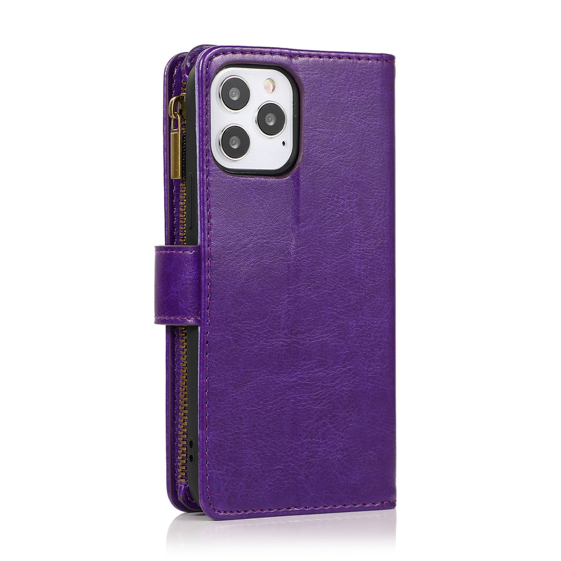 For Apple iPhone 14 PRO 6.1" Luxury Wallet Card ID Zipper Money Holder Case Cover - Dark Purple