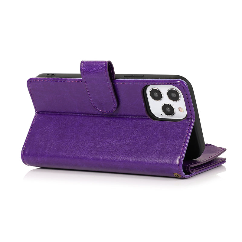 For iPhone 14 PLUS Luxury Wallet Card ID Zipper Money Holder Case Cover - Dark Purple