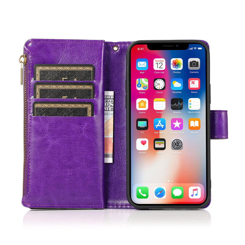 For Apple iPhone 14 PRO 6.1" Luxury Wallet Card ID Zipper Money Holder Case Cover - Dark Purple