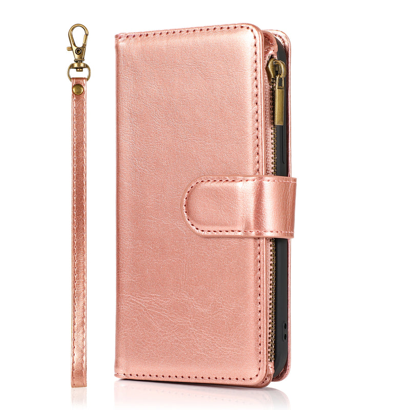 For Motorola Moto G Play 2021 Luxury Wallet Card ID Zipper Money Holder Case Cover - Rose Gold