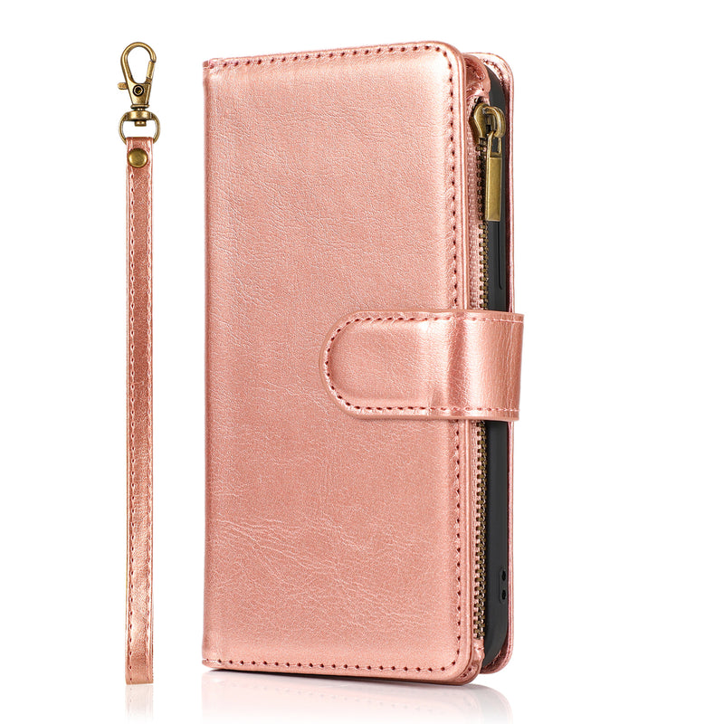 For Apple iPhone 14 PRO 6.1" Luxury Wallet Card ID Zipper Money Holder Case Cover - Rose Gold