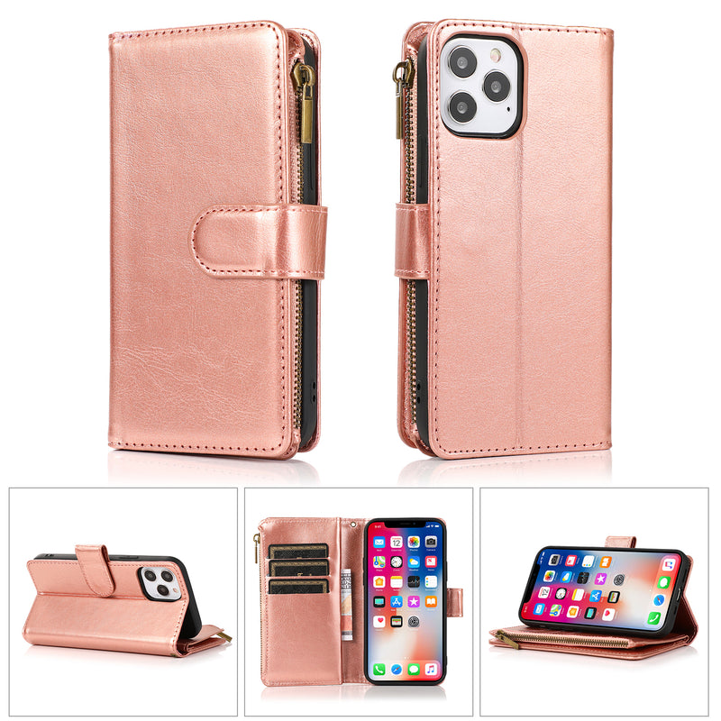 For Apple iPhone 14 PRO MAX 6.7" Luxury Wallet Card ID Zipper Money Holder Case Cover - Rose Gold
