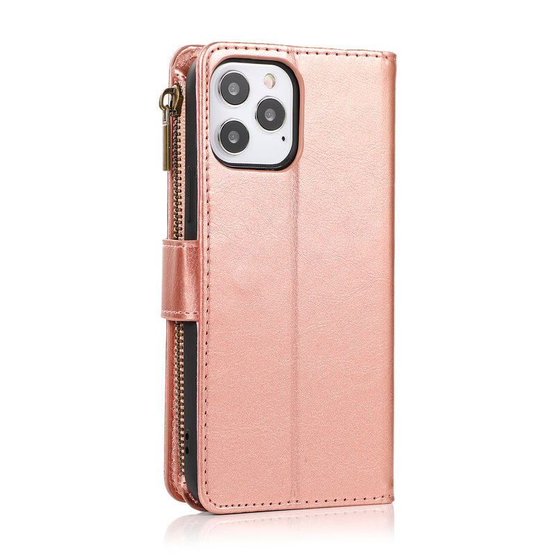 For Motorola Moto G Play 2021 Luxury Wallet Card ID Zipper Money Holder Case Cover - Rose Gold