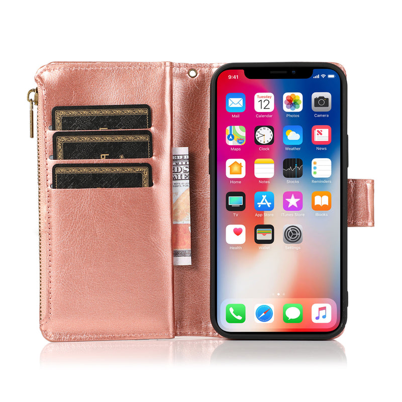 For Apple iPhone 14 PRO 6.1" Luxury Wallet Card ID Zipper Money Holder Case Cover - Rose Gold