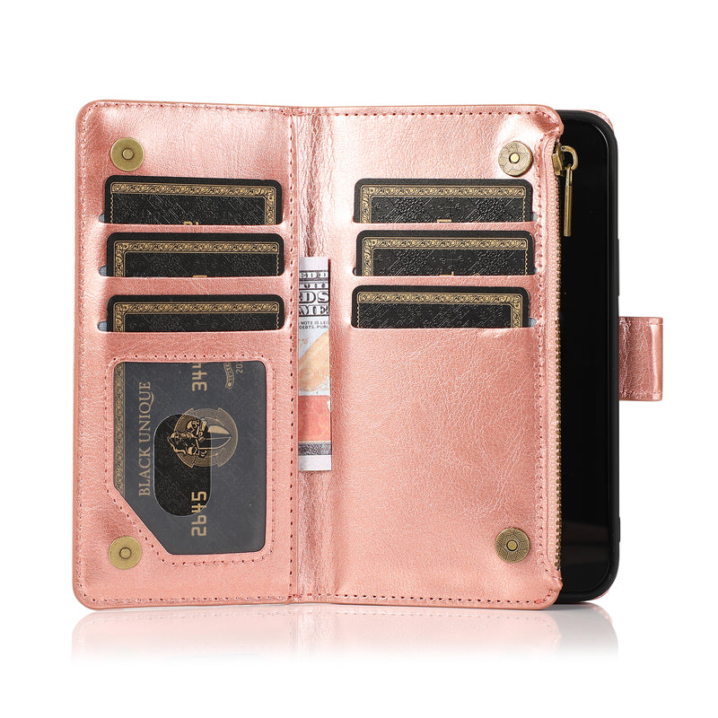 For Motorola Moto G Play 2021 Luxury Wallet Card ID Zipper Money Holder Case Cover - Rose Gold