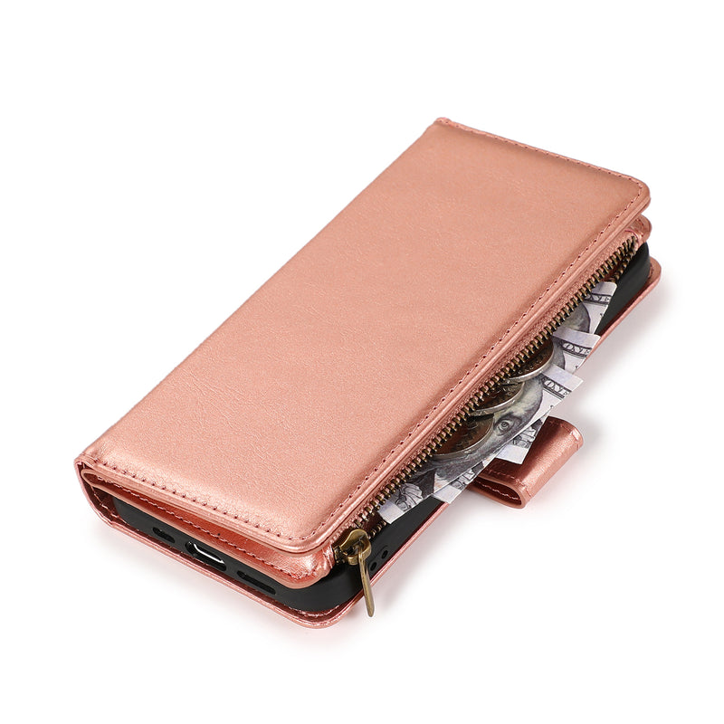 For iPhone 14 PLUS Luxury Wallet Card ID Zipper Money Holder Case Cover - Rose Gold