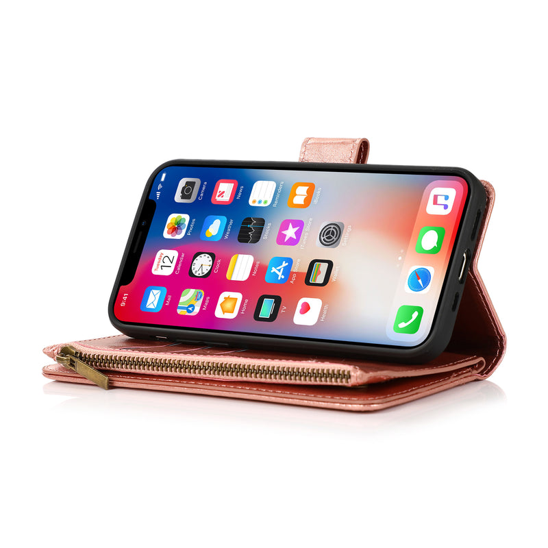 For Moto G Power 2021 Luxury Wallet Card ID Zipper Money Holder Case Cover - Rose Gold