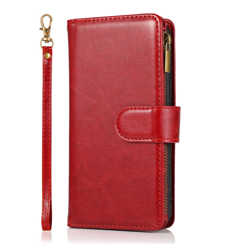 For Apple iPhone 14 PRO MAX 6.7" Luxury Wallet Card ID Zipper Money Holder Case Cover - Red