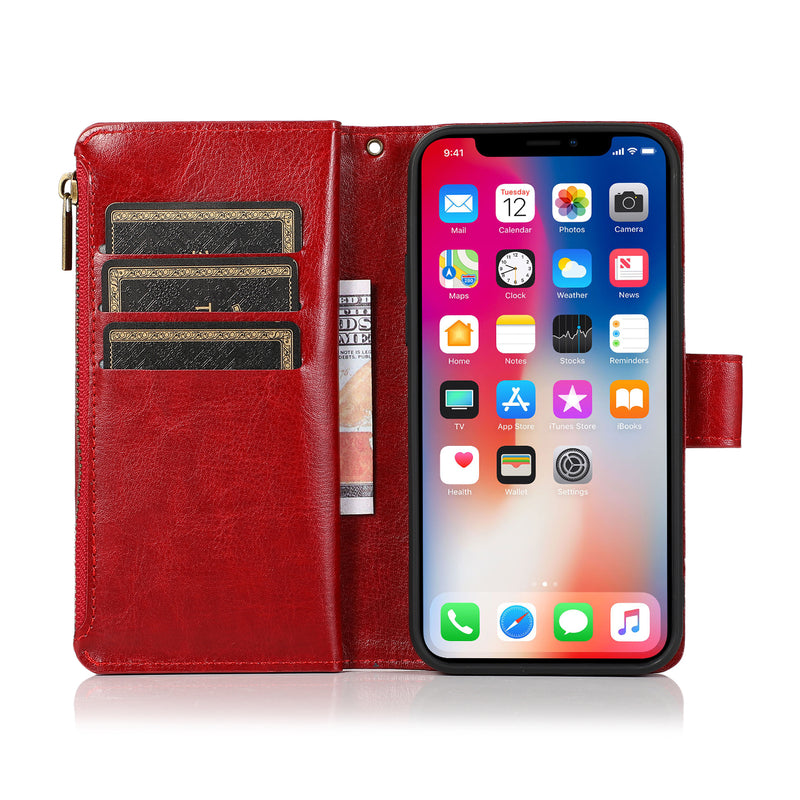 For Apple iPhone 14 PRO MAX 6.7" Luxury Wallet Card ID Zipper Money Holder Case Cover - Red