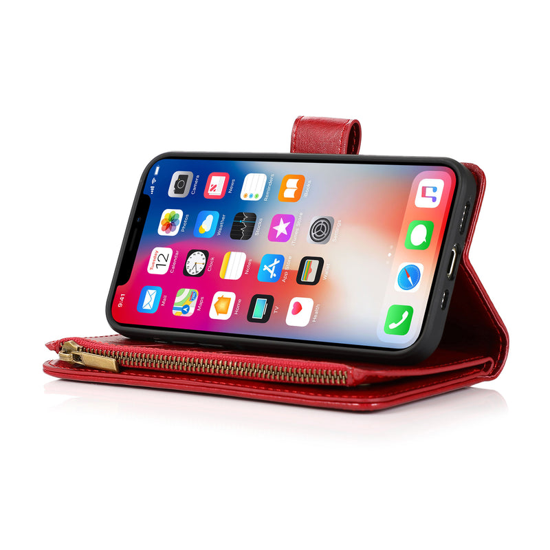 For Apple iPhone 14 PRO 6.1" Luxury Wallet Card ID Zipper Money Holder Case Cover - Red
