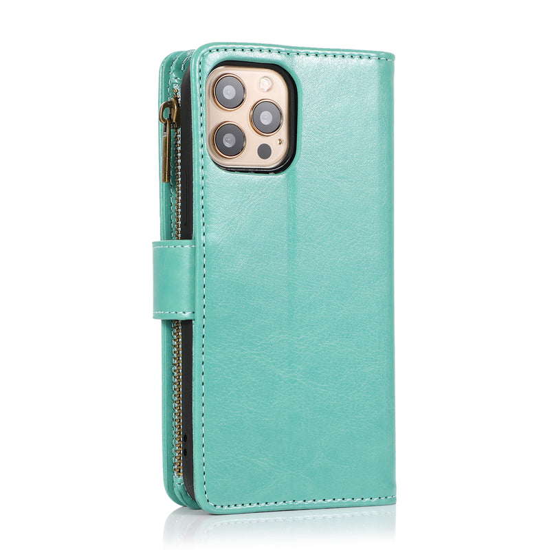 For Apple iPhone 14 PRO 6.1" Luxury Wallet Card ID Zipper Money Holder Case Cover - Teal