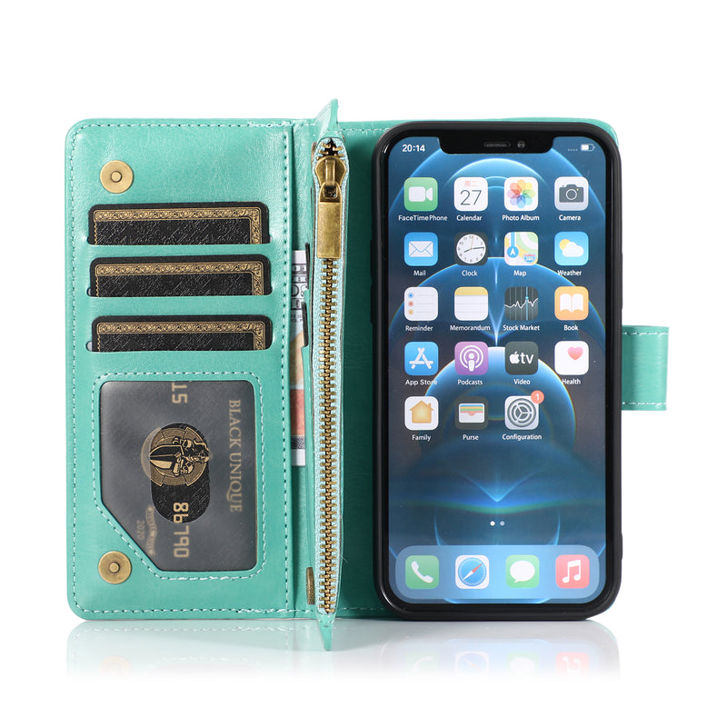 For Apple iPhone 14 PRO 6.1" Luxury Wallet Card ID Zipper Money Holder Case Cover - Teal
