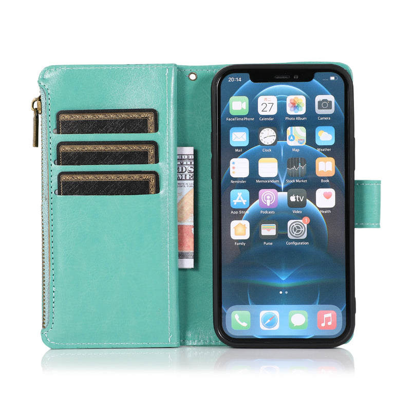 For Apple iPhone 14 PRO MAX 6.7" Luxury Wallet Card ID Zipper Money Holder Case Cover - Teal