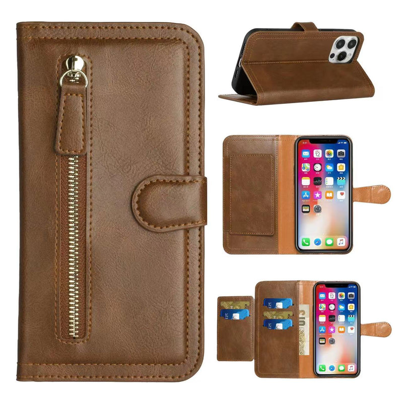 For iPhone 14 PLUS Premium Wallet MultiCard Holder Money Zipper With Magnetic Flap - Brown