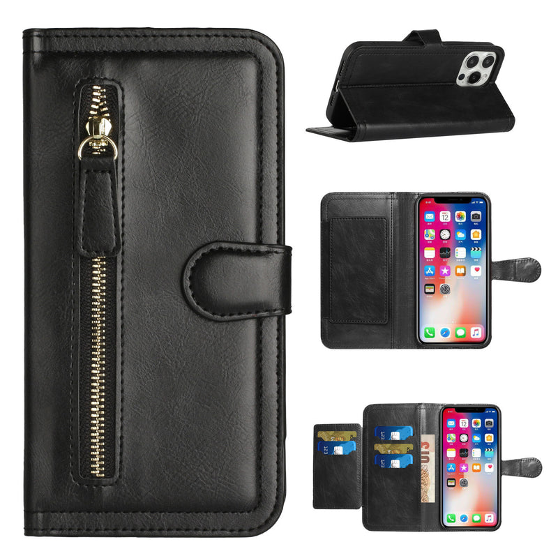 For iPhone 14 PLUS Premium Wallet MultiCard Holder Money Zipper With Magnetic Flap - Black