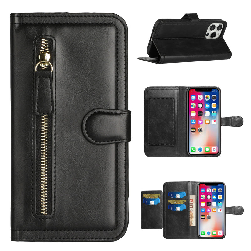 For Apple iPhone 14 PRO MAX 6.7" Premium Wallet MultiCard Holder Money Zipper With Magnetic Flap - Black